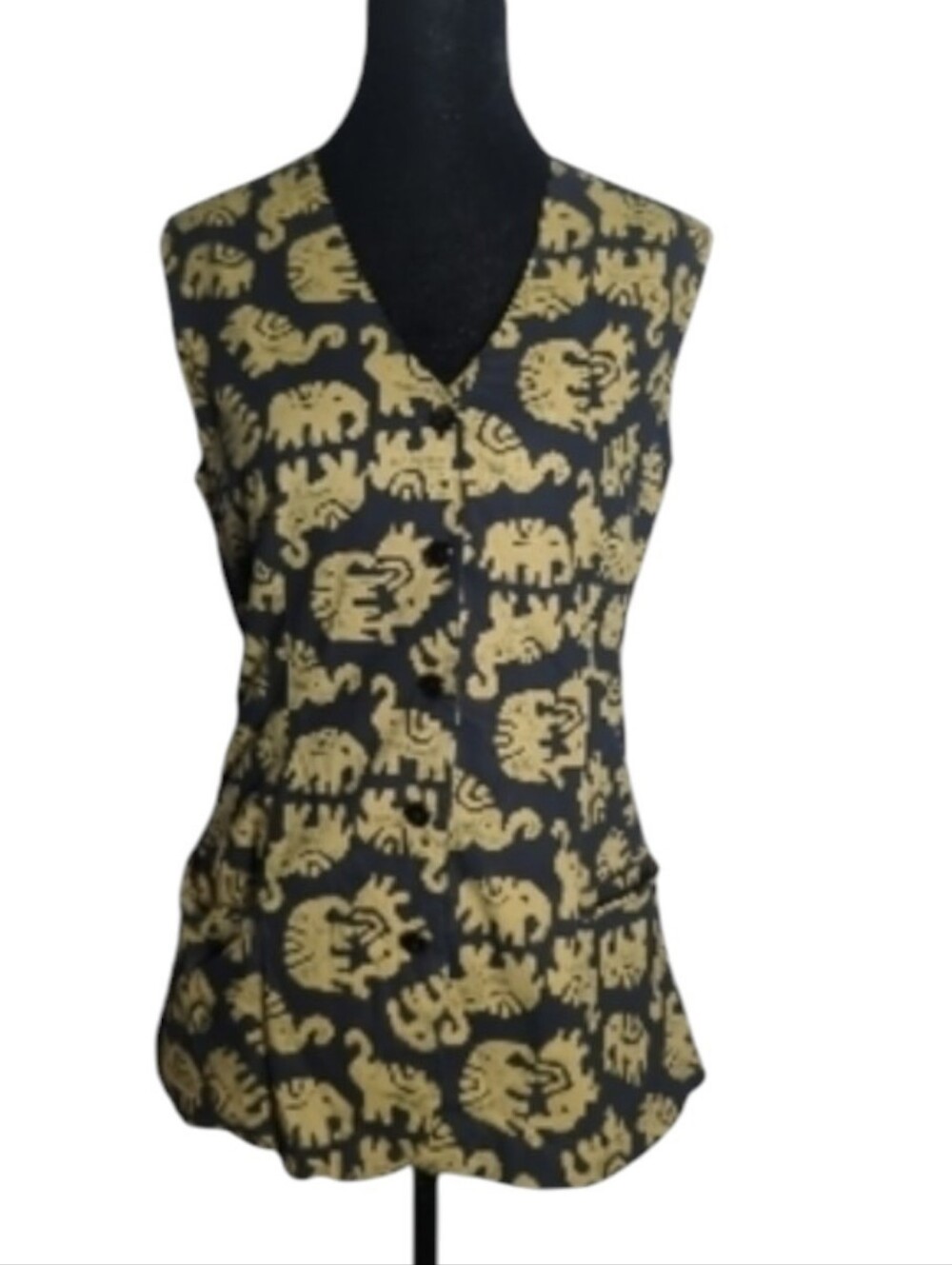 Vintage Small Sleeveless Black Cotton Shirt with Gold Elephant Print Y2K Safari